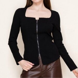 NWOT Boutique White Birch Black Ribbed Zip Up Top Size XL